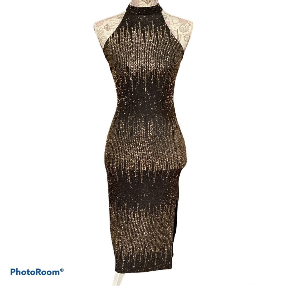 Sexy Black & Gold Glittering stretch Collar Dress